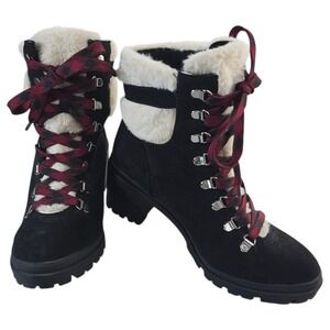 Pop Fortitude Combat Boots Women 9.5M Black‎ Faux Suede Fur Plaid Lug Sole